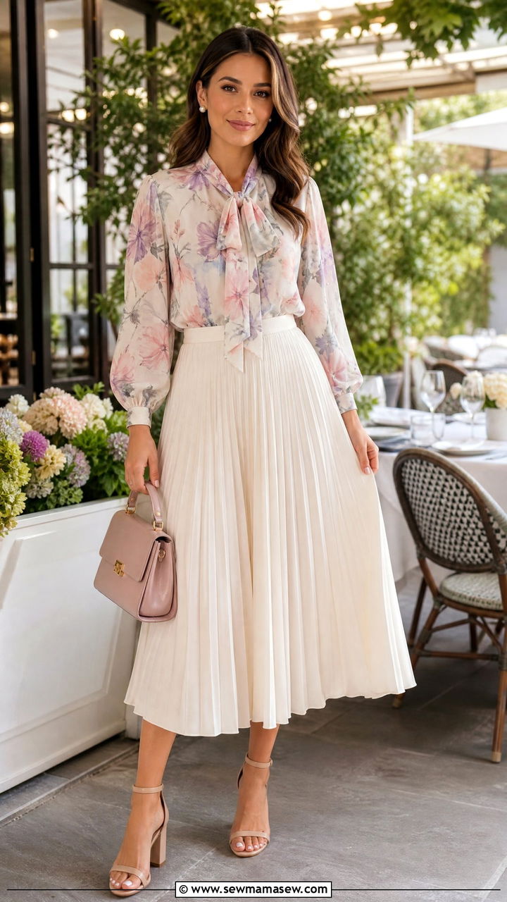 Floral Blouse and Pleated Skirt Brunch Outfit - 30 Summer outfits with pleated skirts