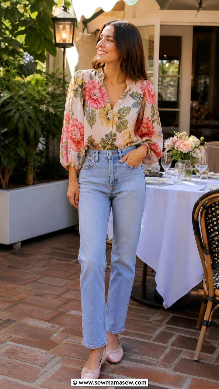 Floral Blouse with High Waisted Jeans and Ballet Flats - 40 spring cute outfit ideas
