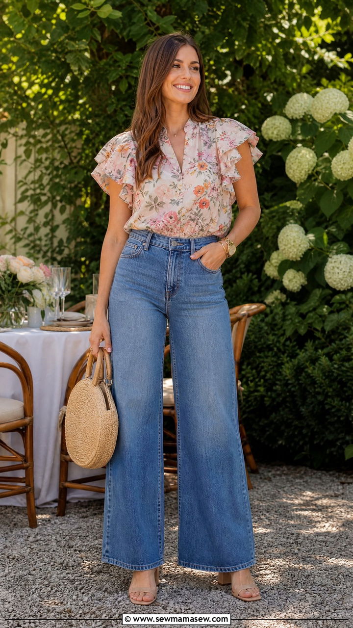 Floral Blouse with Wide Leg Jeans Summer Look - 30 summer wide leg jeans outfit ideas