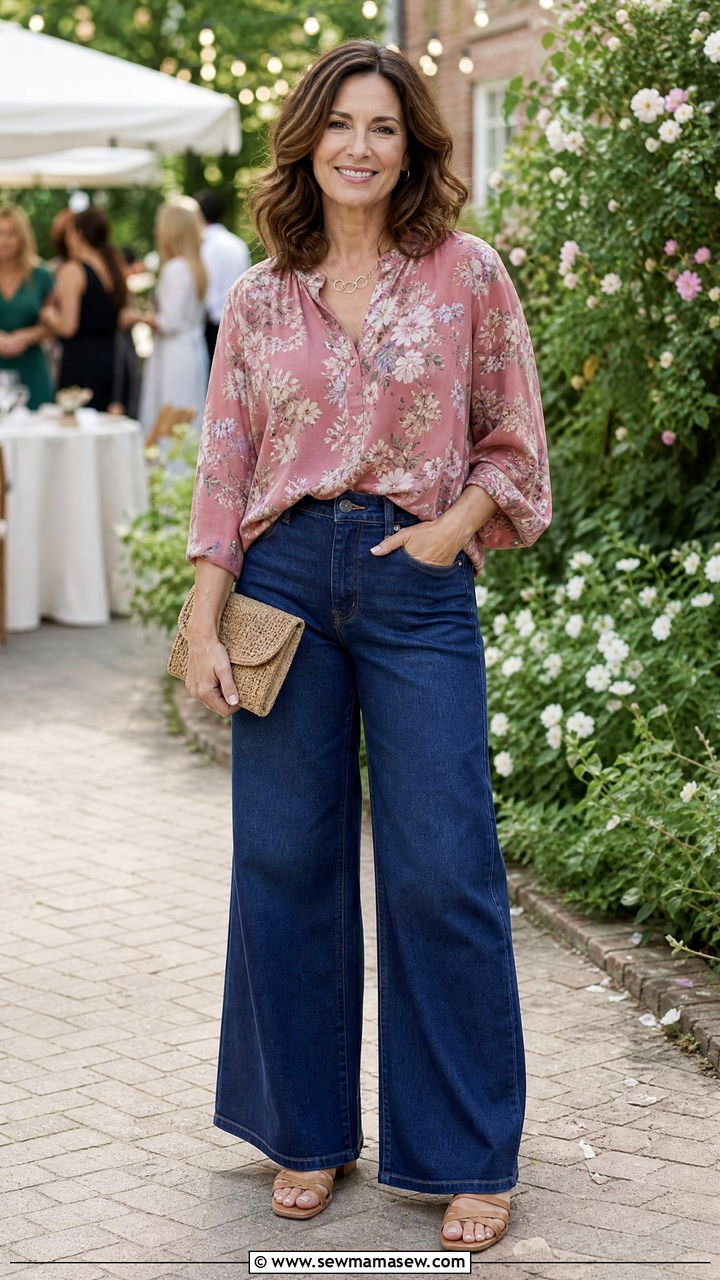 Floral Blouse with Wide Leg Jeans and Simple Sandals - 35 Jeans outfit ideas for women over 60