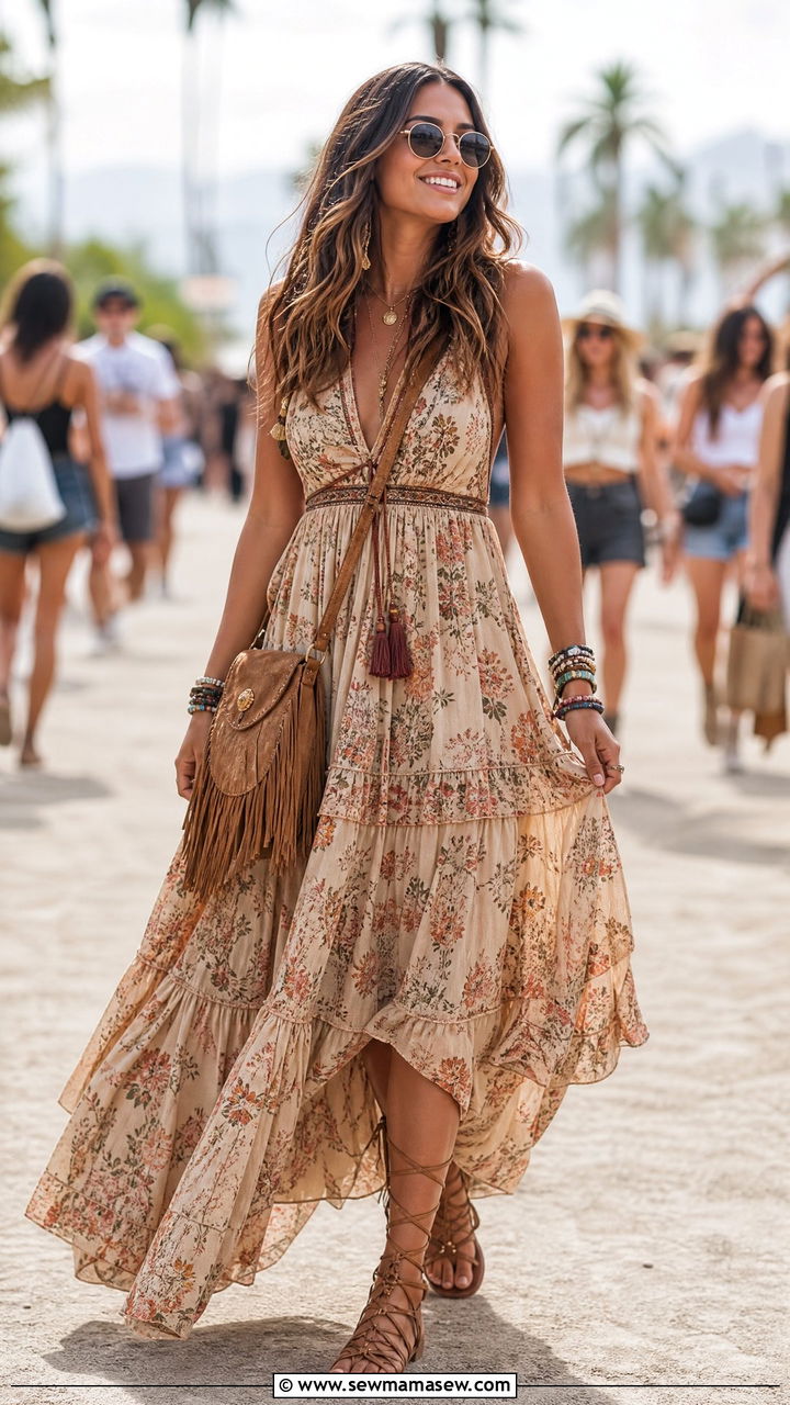 Floral Boho Maxi Dress With Gladiator Sandals - 30 summer floral dress outfit ideas