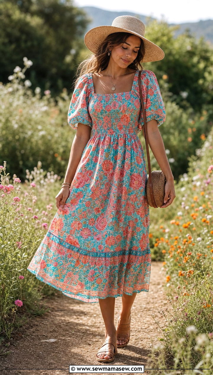 Floral Boho Midi Dress with Straw Hat and Flat Sandals - 35 Boho summer outfit ideas 2026