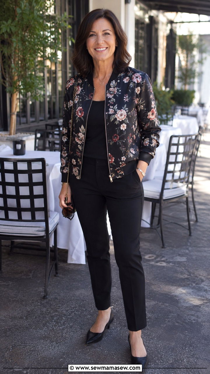 Floral Bomber Jacket With Black Dress Pants - 25 bomber jacket outfits for women over 40
