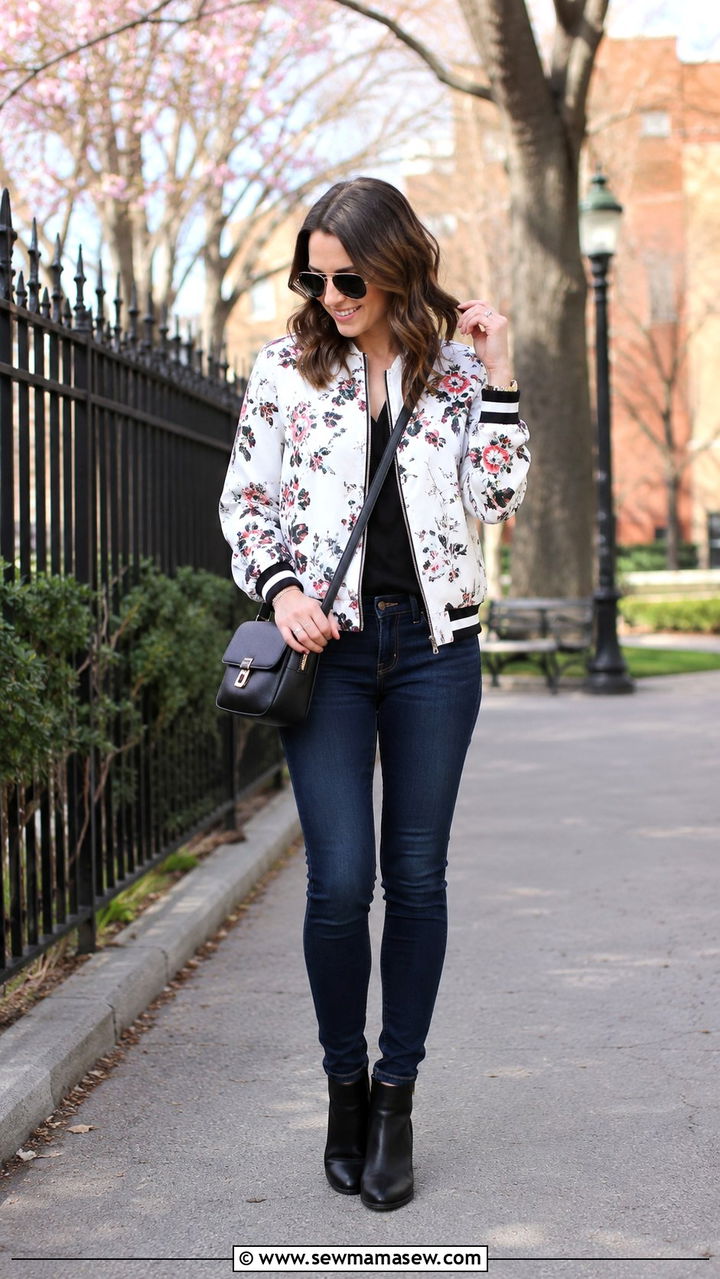Floral Bomber Jacket With Skinny Jeans - 30 spring bomber jacket outfit ideas