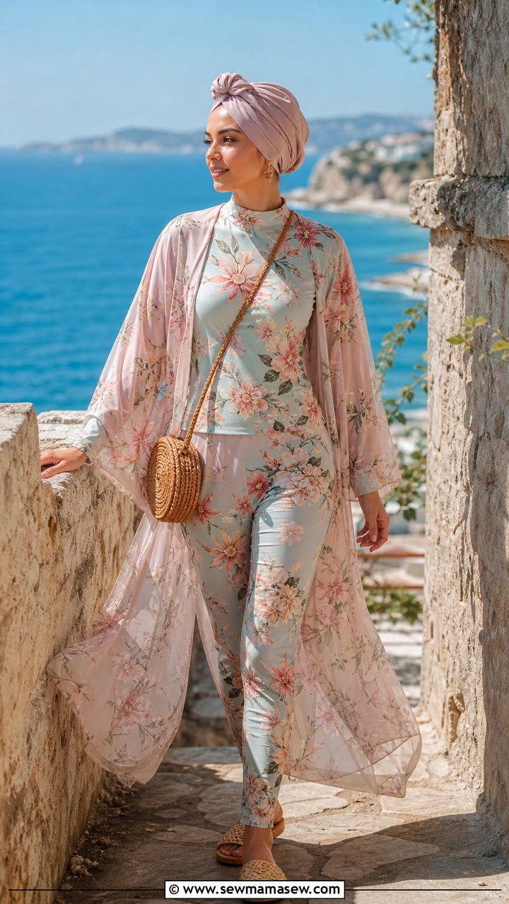 Floral Burkini With Long Kimono Cover Up - 20 Burkini outfit ideas