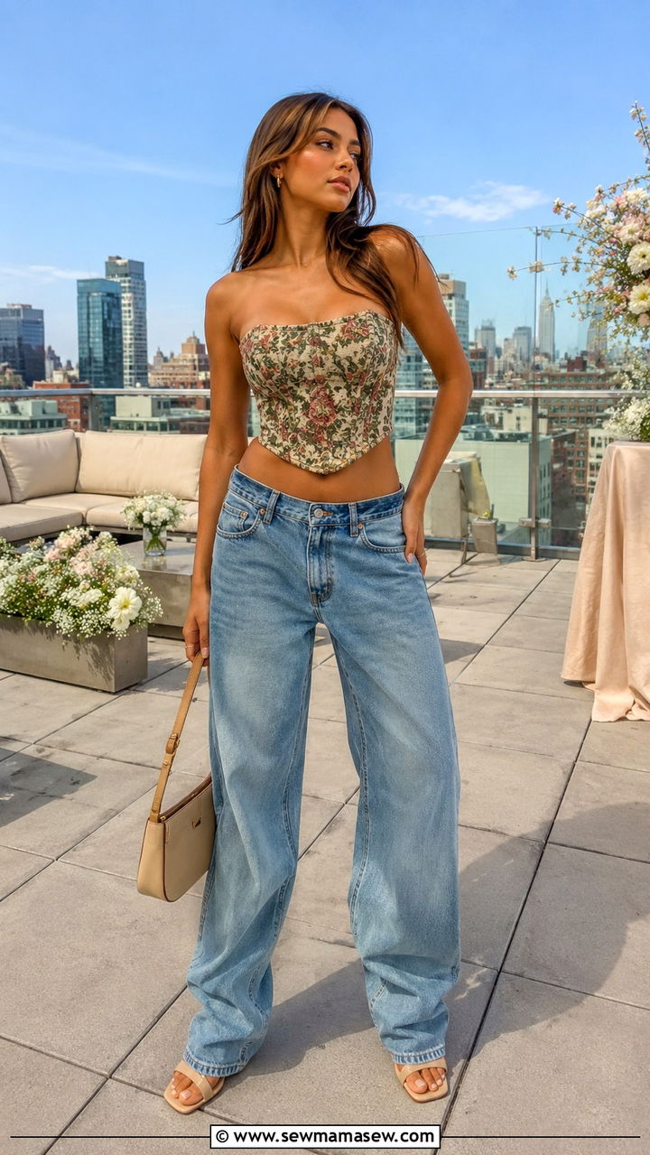 Floral Bustier Top and Low Rise Baggy Jeans - 30 spring y2k outfit ideas