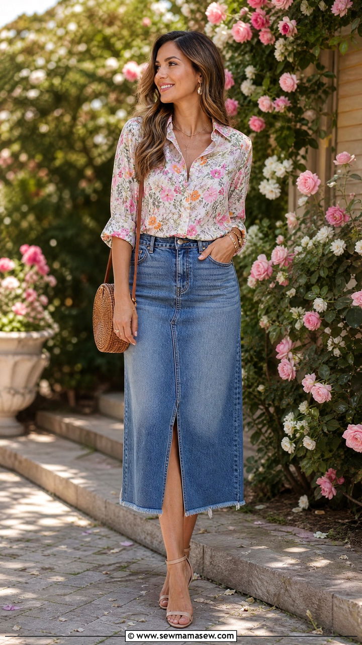 Floral Button Down Shirt with Denim Skirt - 30 Denim skirt outfit ideas with a button down