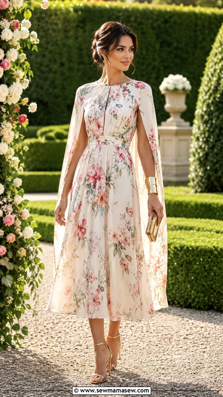 Floral Cape Midi Dress With Gold Cuff Bracelet - 25 Wedding guest outfit ideas size 12