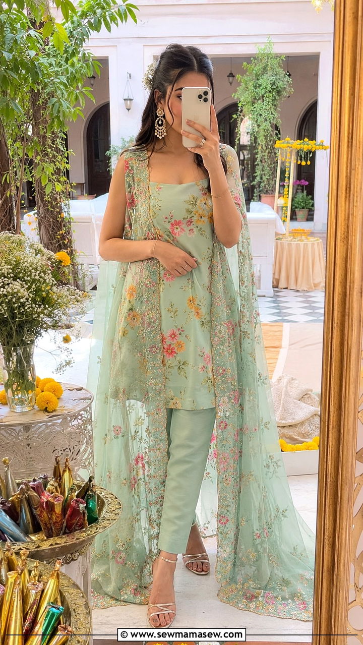Floral Cape Set For Mehendi - 20 Wedding guest outfit ideas Indian wedding