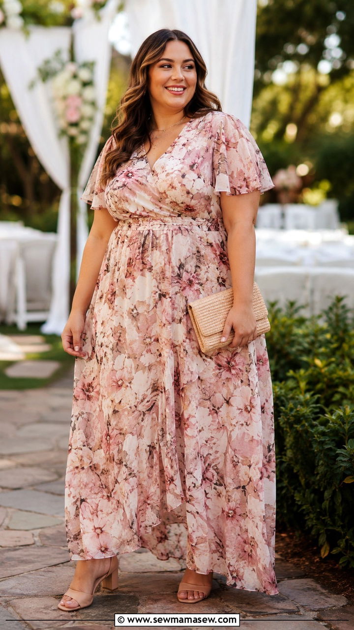 Floral Chiffon A Line Maxi Dress With Nude Heels - 25 Wedding guest outfit ideas size 22