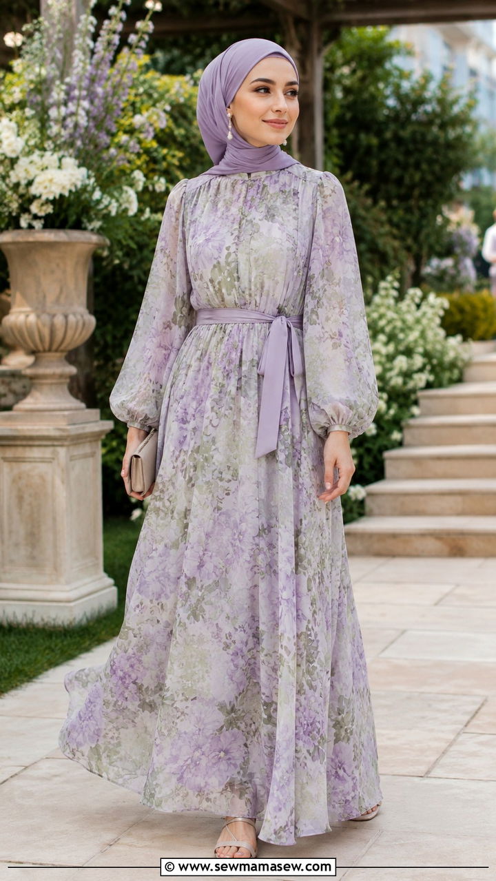 Floral Chiffon Maxi Dress With Bishop Sleeves - 30 Modest wedding guest outfit ideas for Muslim women