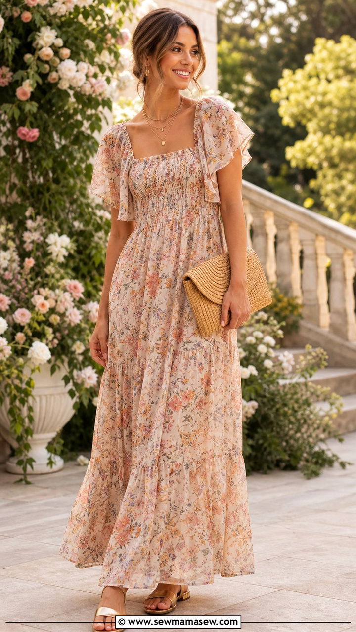 Floral Chiffon Maxi Dress with Gold Sandals - 35 Boho wedding guest outfits