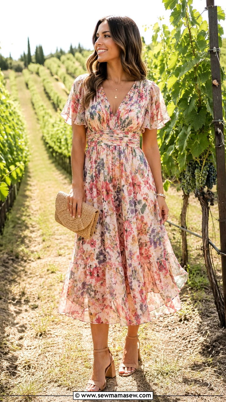Floral Chiffon Midi Dress With Block Heel Sandals - 30 Vineyard wedding guest outfit ideas