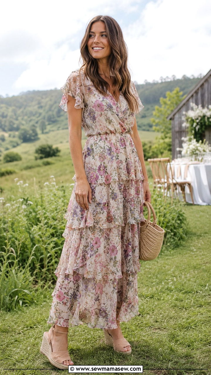 Floral Chiffon Tiered Maxi Dress With Wedge Sandals - 25 Wedding guest outfit ideas floral dress 2026