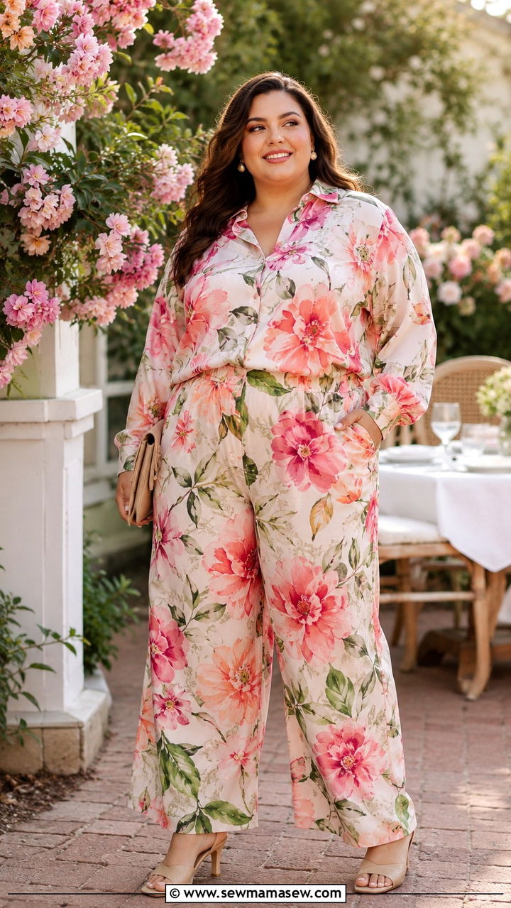 Floral Co Ord Set with Heeled Mules - 30 Brunch outfit ideas plus size