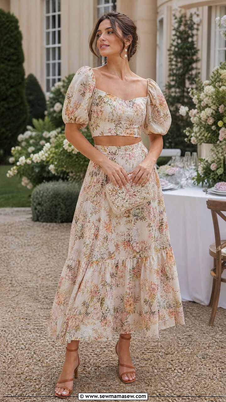 Floral Co Ord Set with Heeled Sandals and Clutch - 30 Cottagecore spring outfits