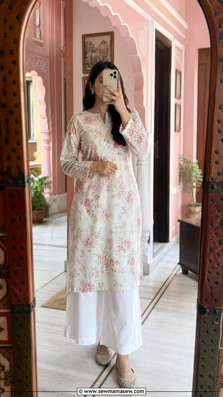 Floral Cotton Kurta with White Palazzos and Juttis - 25 Jaipur outfit ideas