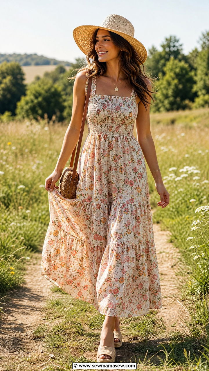 Floral Cotton Maxi Dress With Espadrilles - 30 Summer cotton outfits