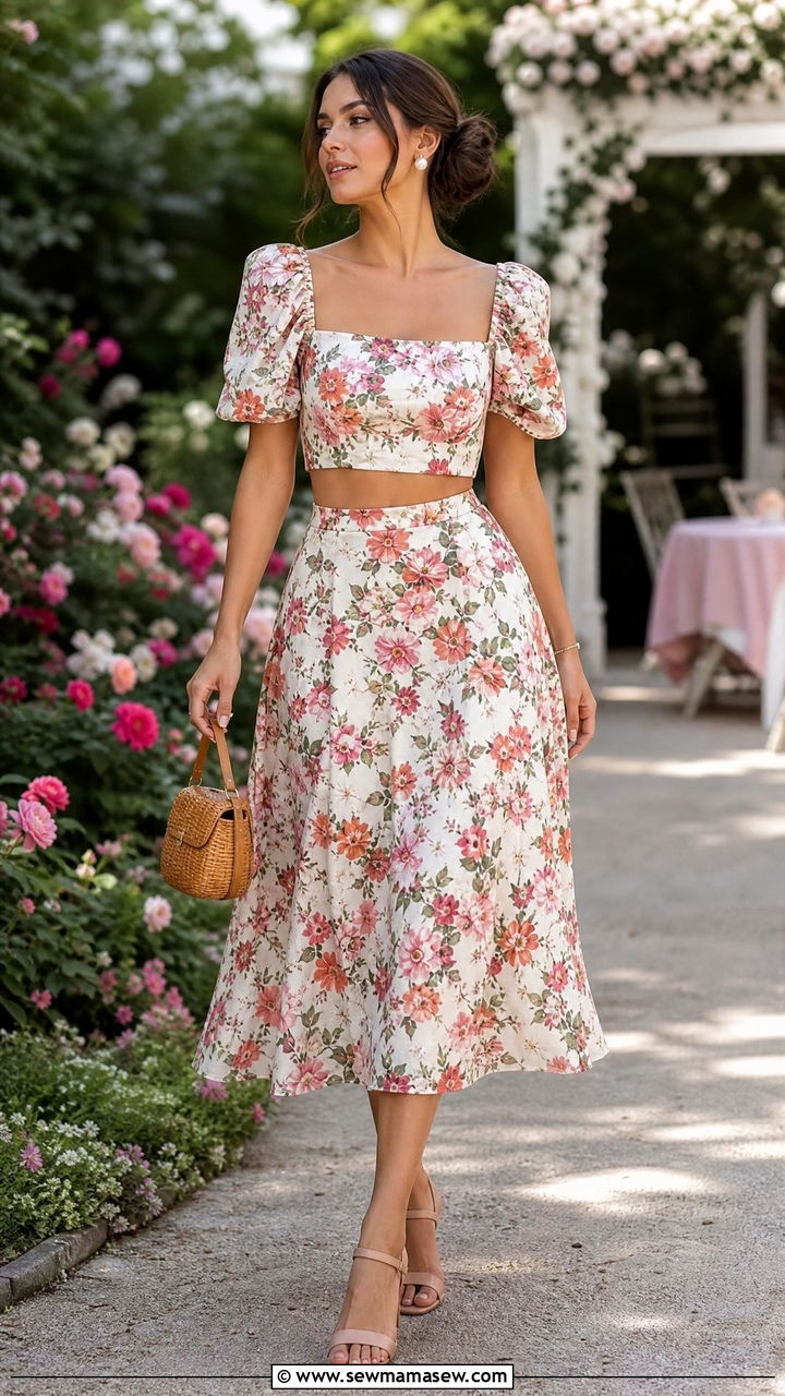 Floral Crop Top and Midi Skirt Set - 35 matching set outfits for women