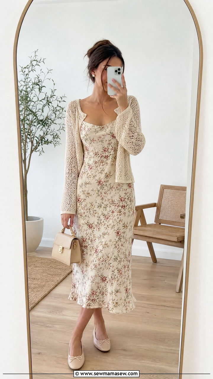 Floral Dress With A Crochet Cardigan And Ballet Flats - 30 summer floral dress outfit ideas