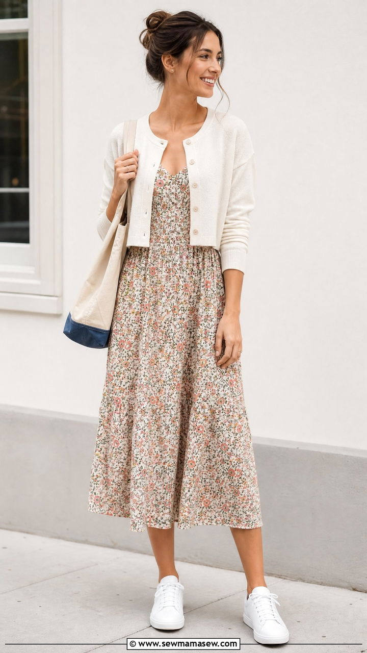 Floral Dress With A Cropped Cardigan And Sneakers - 30 summer floral dress outfit ideas