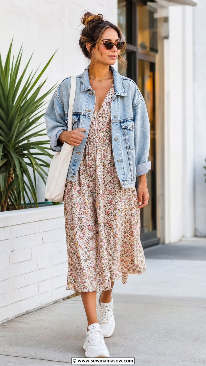 Floral Dress With Denim Jacket And Sneakers - 30 summer floral dress outfit ideas