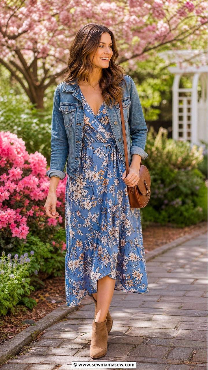 Floral Dress With Denim Jacket Outfit - 20 Spring outfits for 70 degree weather