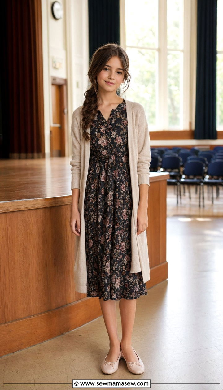 Floral Dress With Long Cardigan and Ballet Flats - 35 Back to school outfit ideas 8th grade