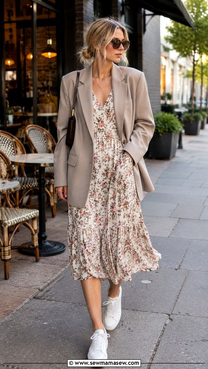 Floral Dress With Oversized Blazer And Sneakers - 20 Floral dress outfit ideas 2026