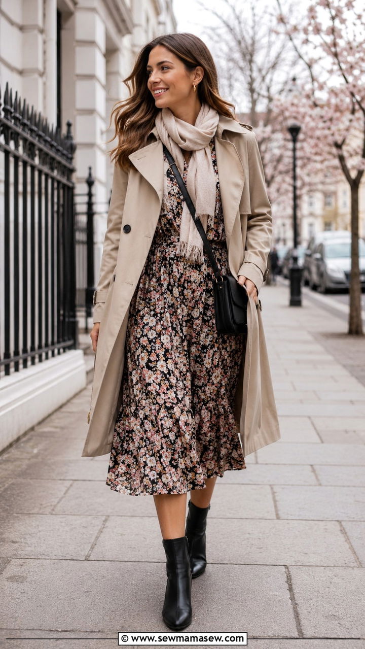 Floral Dress With Trench Coat And Ankle Boots - 20 Floral dress outfit ideas 2026