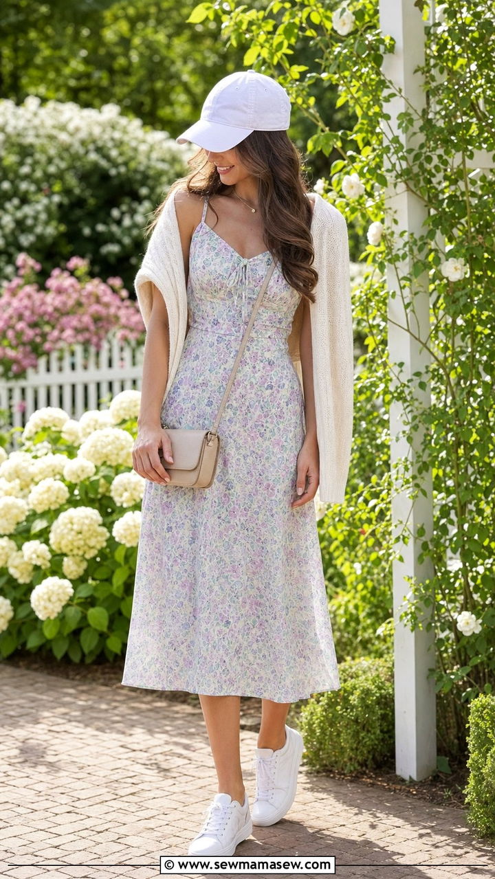 Floral Dress With White Baseball Cap - 25 spring outfits with baseball cap