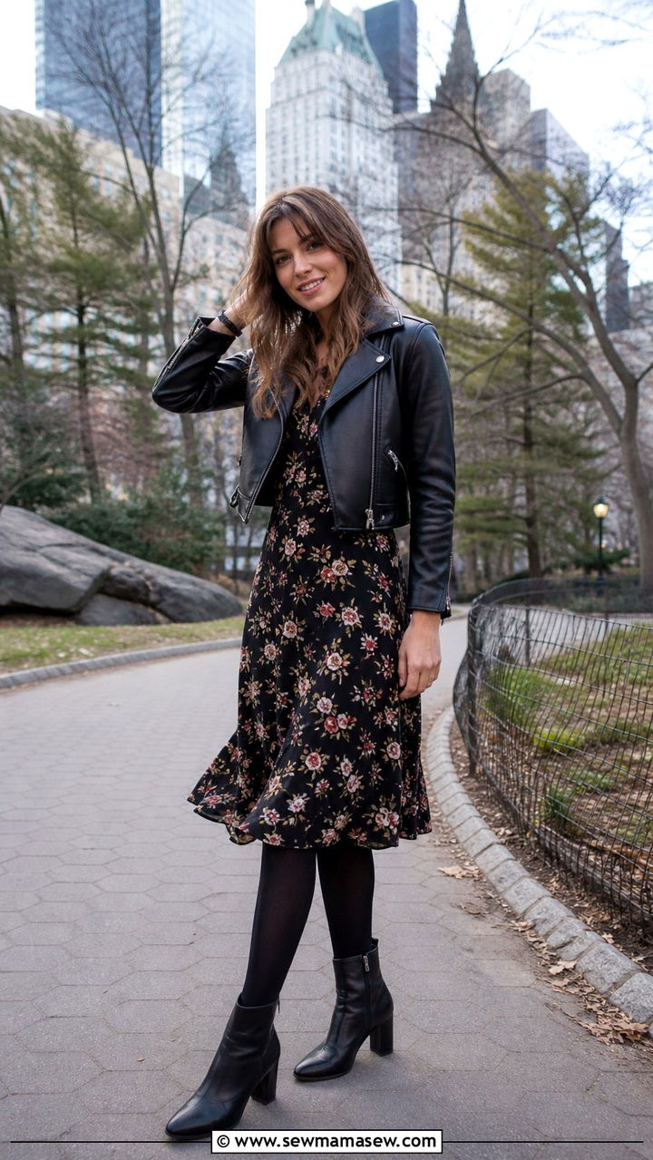 Floral Dress and Leather Jacket Outfit New York - 40 New York outfit ideas