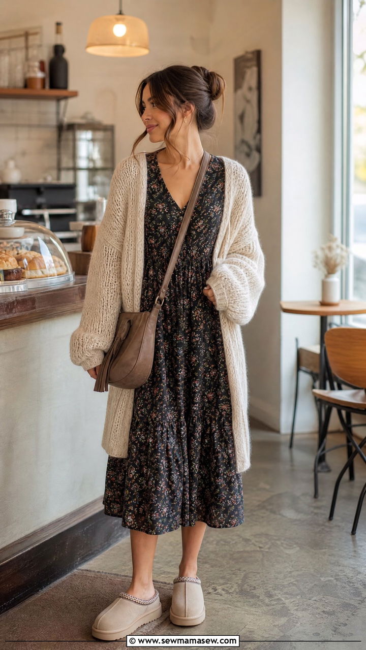 Floral Dress with Beige Ugg Slippers Outfit - 25 Uggs with dress outfit ideas