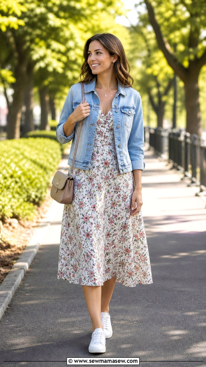 Floral Dress with Denim Jacket Outfit - 40 Casual summer outfits
