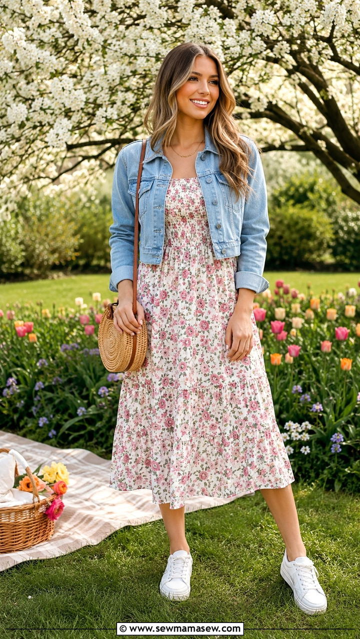 Floral Dress with Denim Jacket - 20 Petite plus size outfit ideas 20