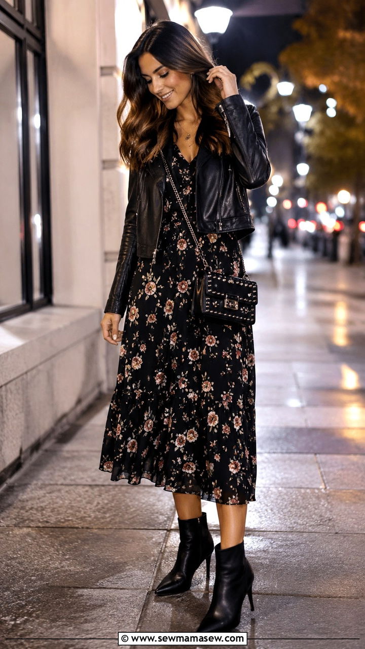 Floral Dress with Leather Jacket for Cool Weather - 20 Summer outfits for 50 degree weather