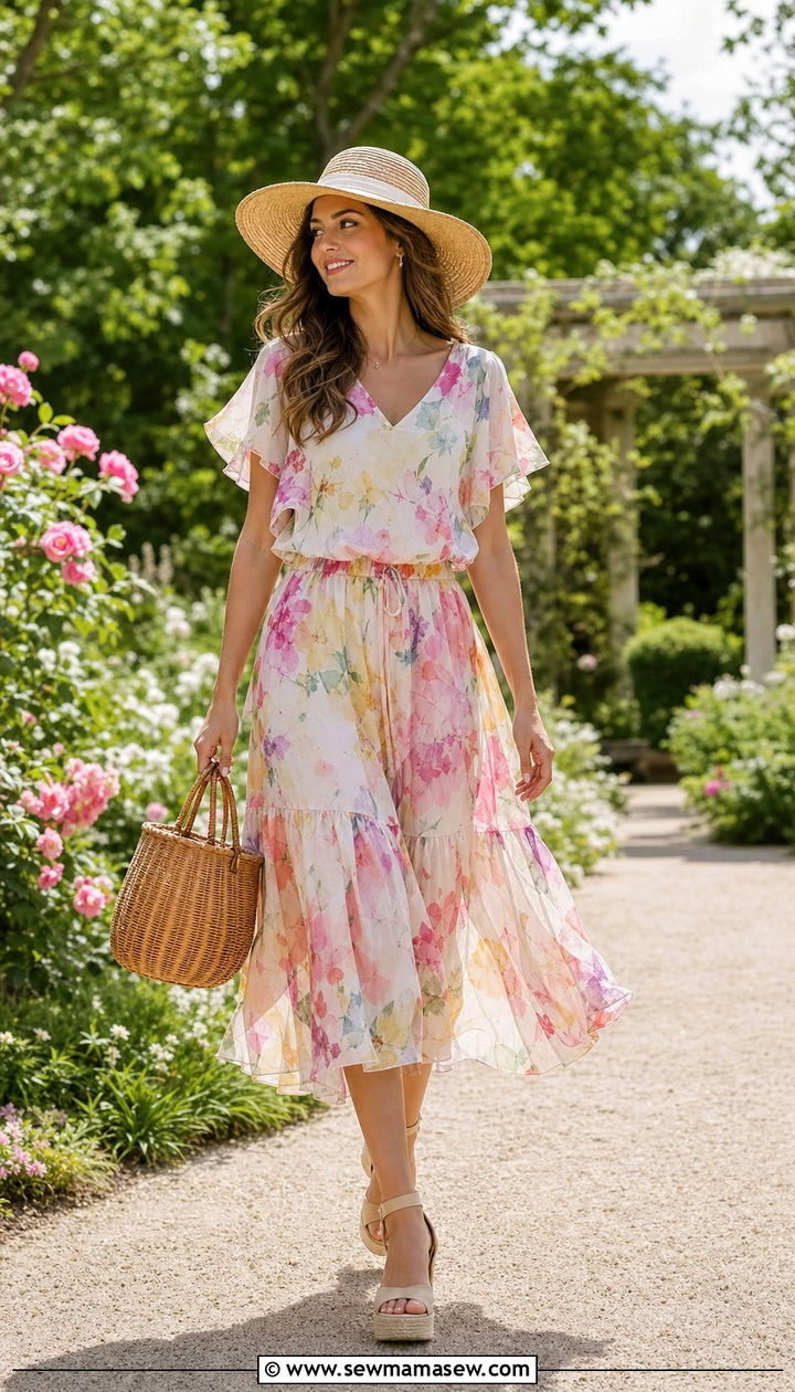 Floral Drop Waist Midi Dress For Garden Parties - 25 spring jazz age outfit ideas
