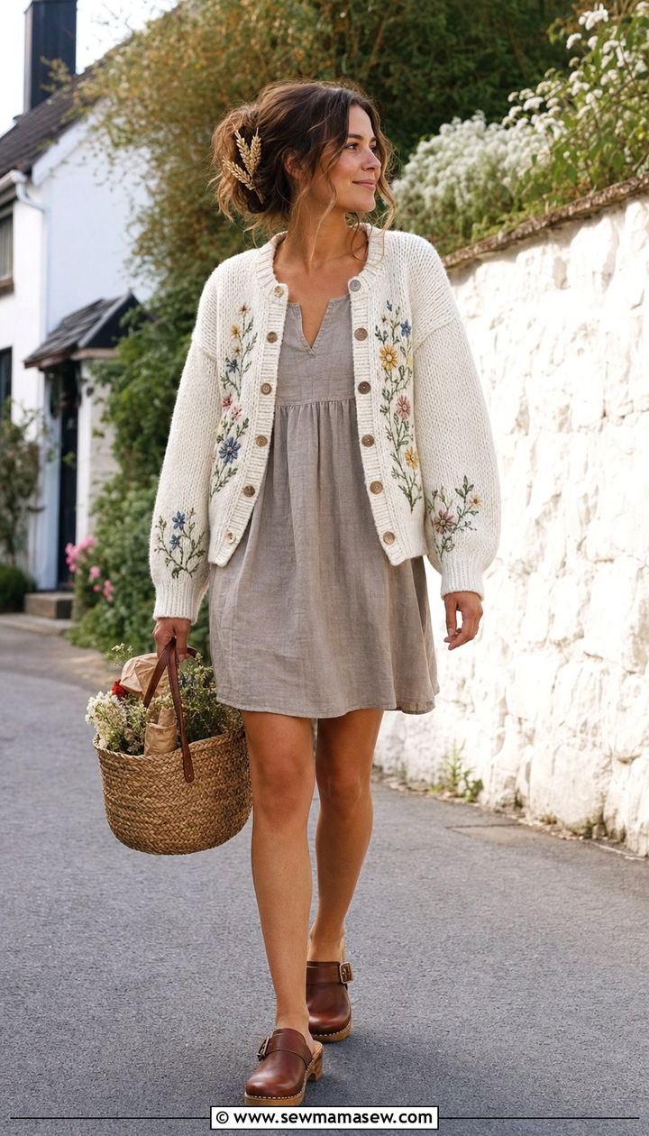 Floral Embroidered Cardigan Over Linen Shift Dress - 25 cottagecore capsule wardrobe outfits