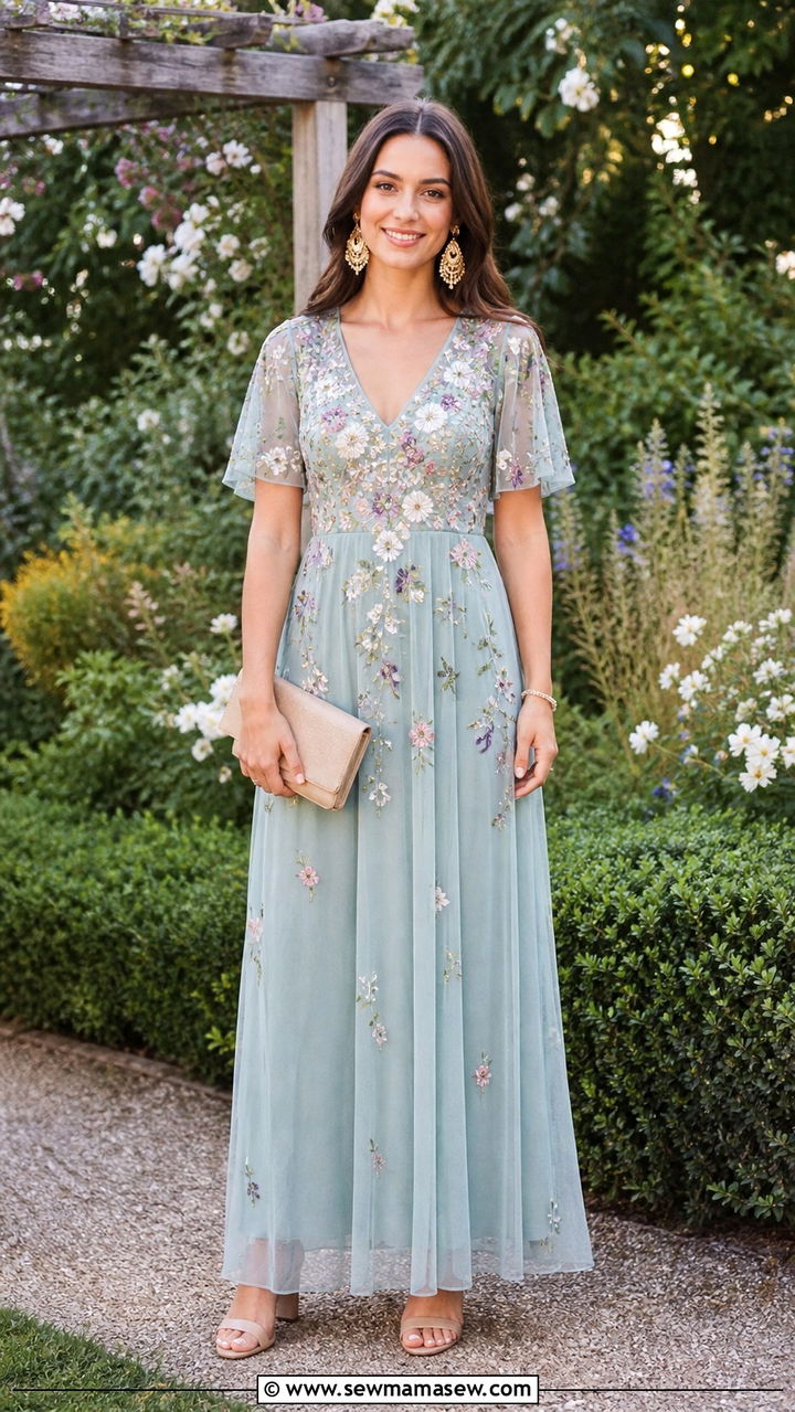 Floral Embroidered Maxi Dress With Block Heels - 40 Garden wedding guest outfit ideas
