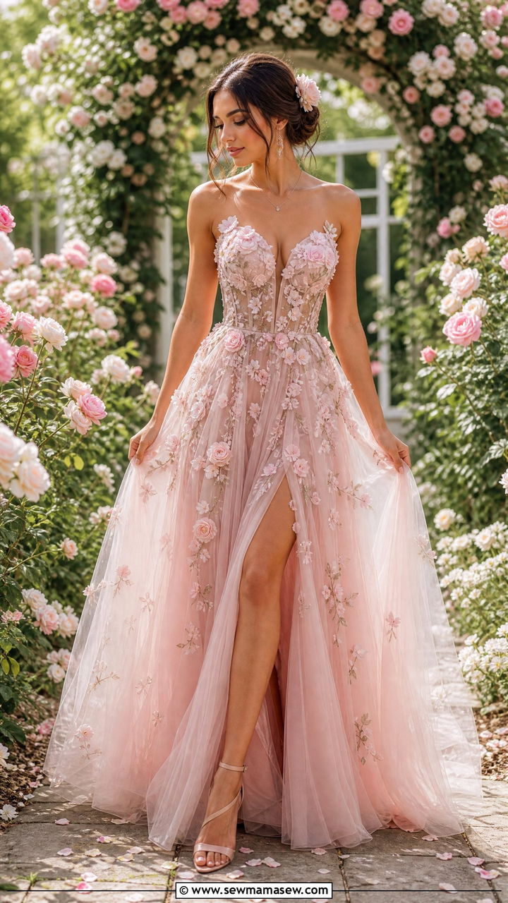 Floral Embroidered Prom Gown With Nude Heels And Flower Hair Clip - 40 Prom outfit ideas