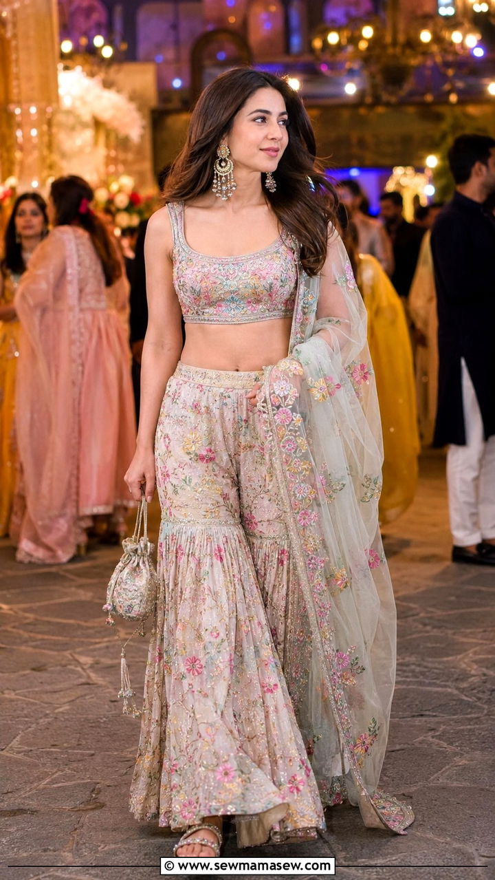 Floral Embroidered Sharara With Crop Top - 20 Wedding guest outfit ideas Barat ceremony