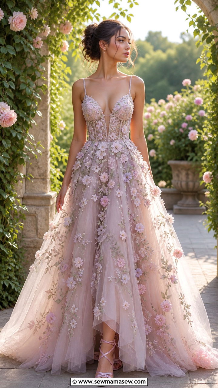 Floral Embroidered Tulle Ball Gown With Pastel Accessories - 40 Prom dress ideas