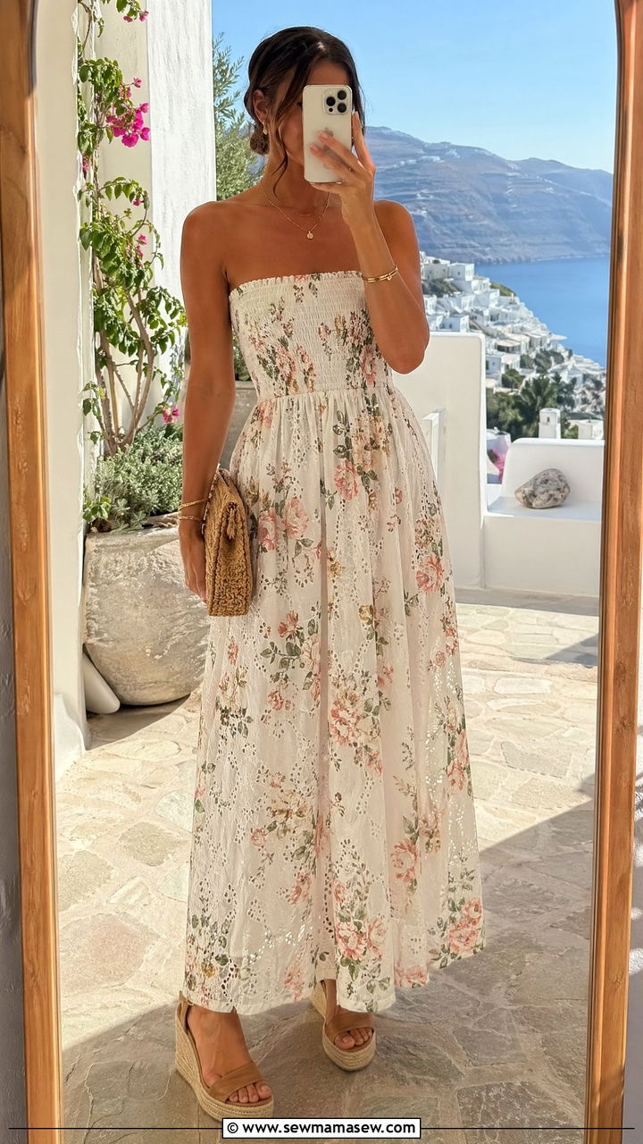 Floral Eyelet Maxi Dress With Espadrille Wedges - 35 Eyelet dress outfit ideas