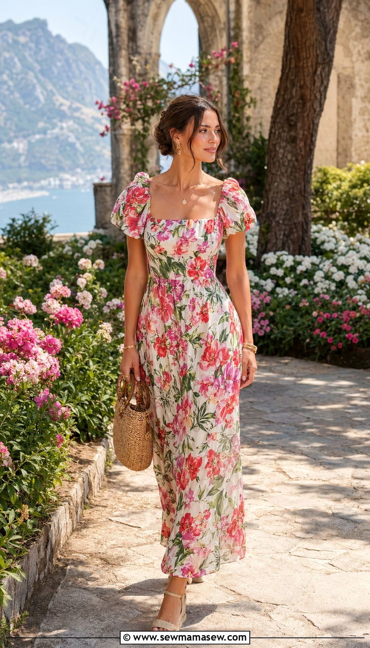 Floral Flowy Maxi Dress With Espadrille Wedges - 35 Amalfi Coast outfit ideas