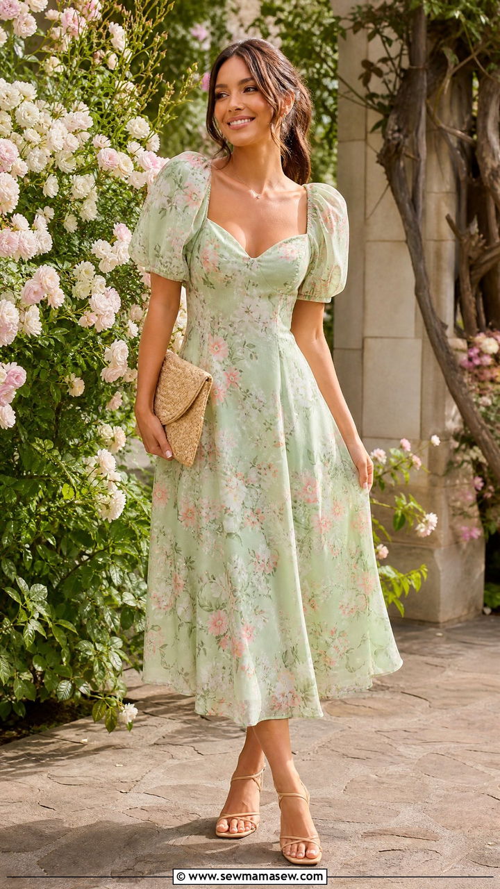 Floral Green Midi Dress Outfit - 30 elegant outfits ideas
