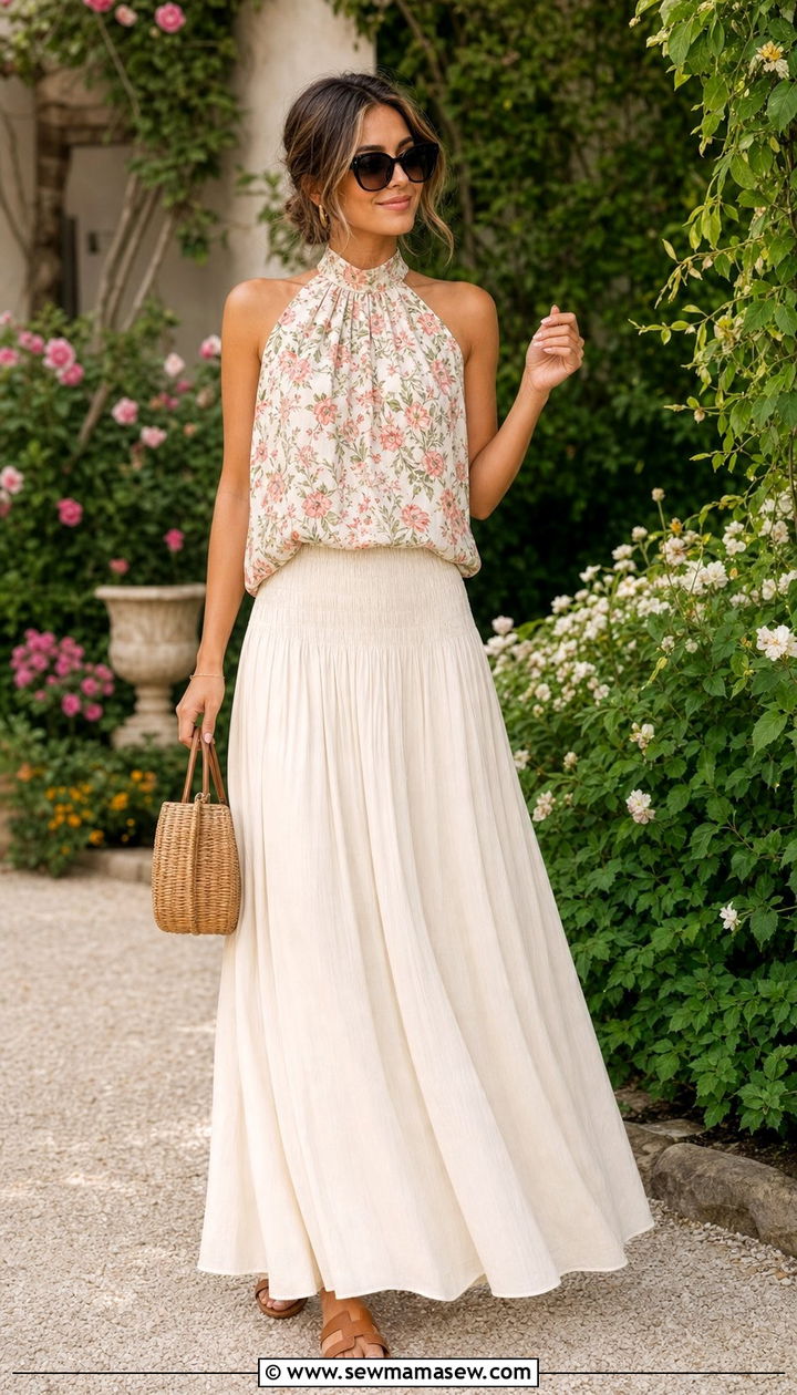 Floral Halter Top With Flowy Maxi Skirt And Sunglasses - 25 Emma Chamberlain spring outfit ideas