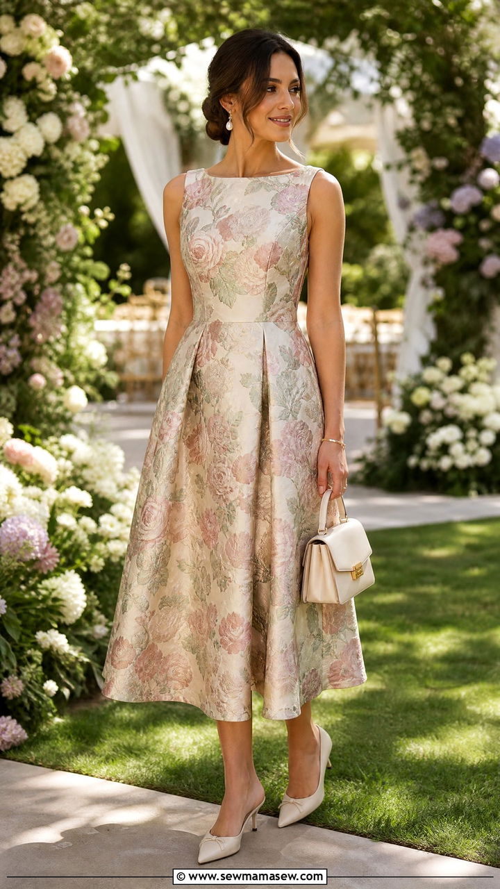 Floral Jacquard Dress And Kitten Heels Outfit - 25 classy fairycore outfit ideas