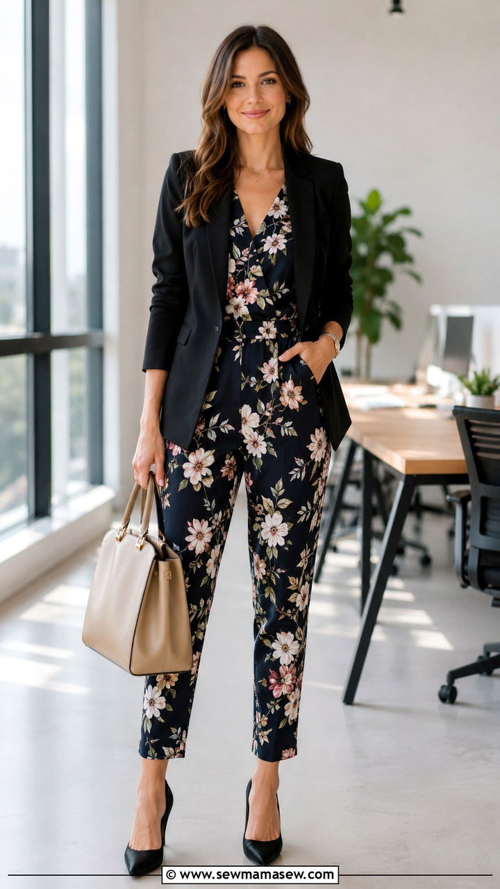 Floral Jumpsuit With Blazer For Work - 30 Jumpsuit outfit ideas for work