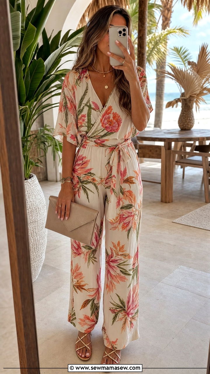Floral Jumpsuit With Strappy Flat Sandals - 35 Beach wedding guest outfit ideas