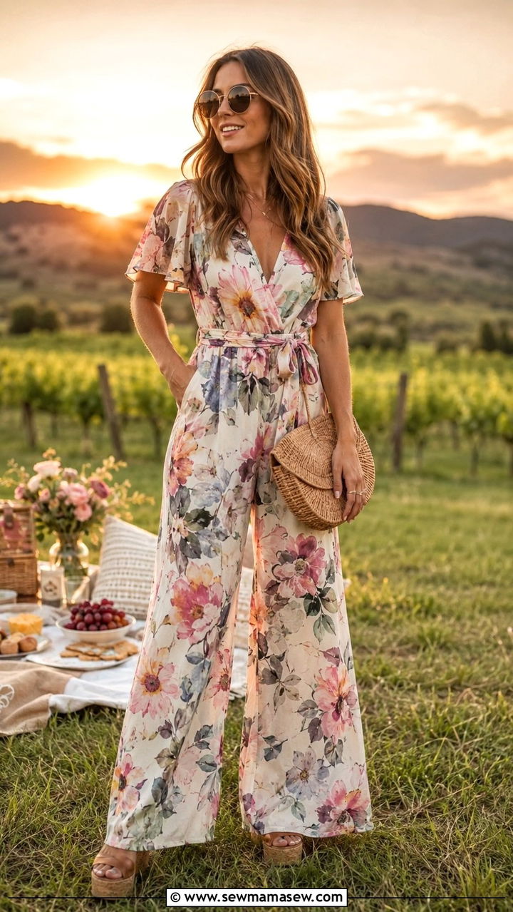 Floral Jumpsuit with Platform Sandals and Straw Clutch - 30 Picnic outfit ideas